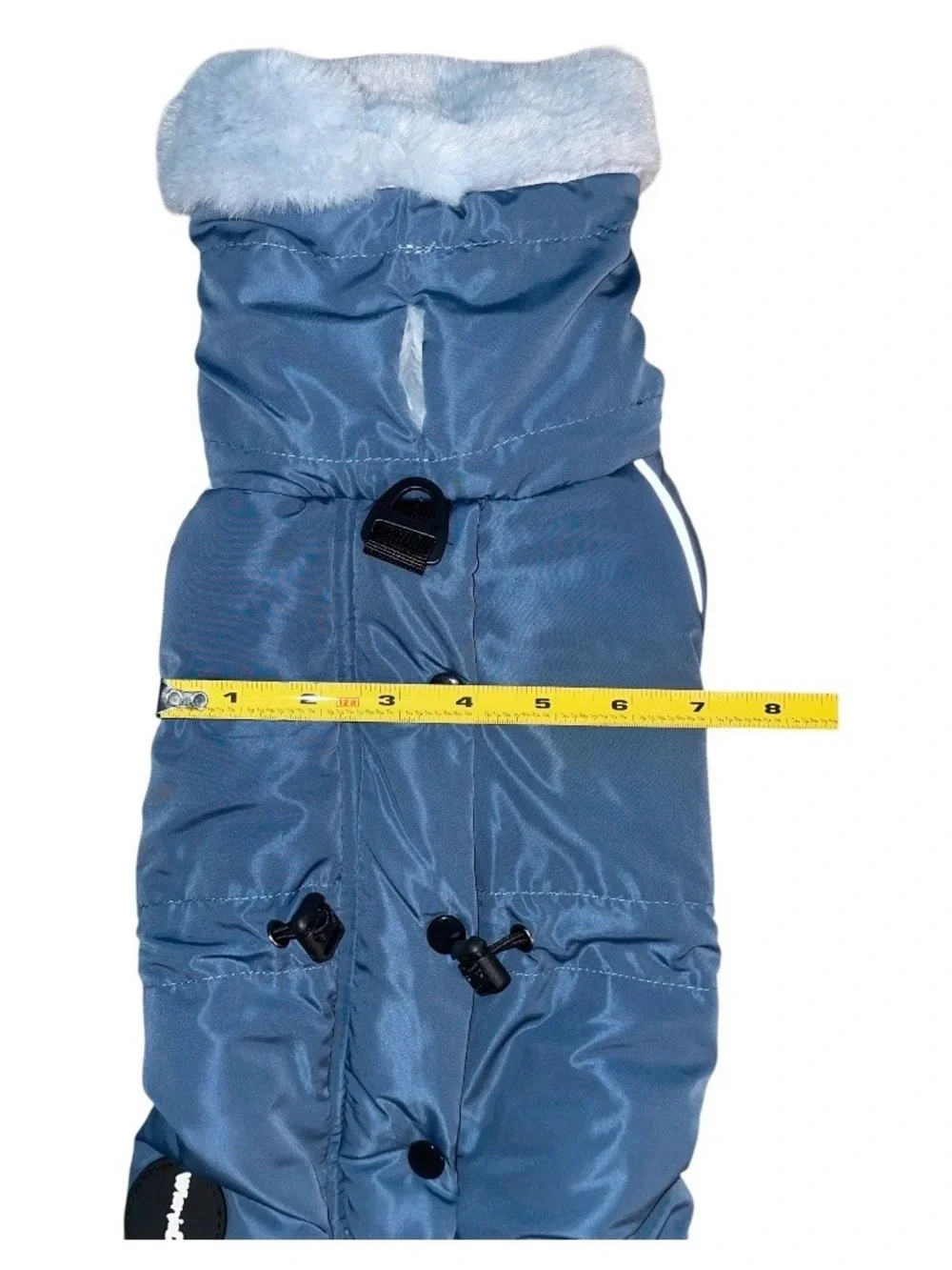 Wienie Day, sausage Pet Dog Winter Coat with Faux Fur Collar - Blue size S